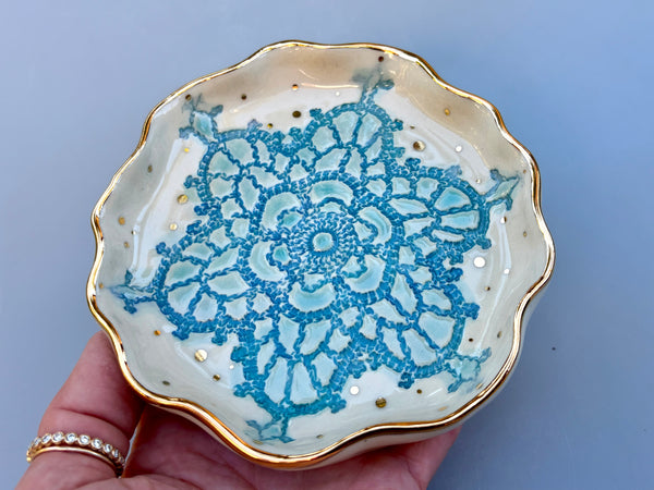 Turquoise Snowflake Jewelry Holder, Ceramic Dish with Gold Accents