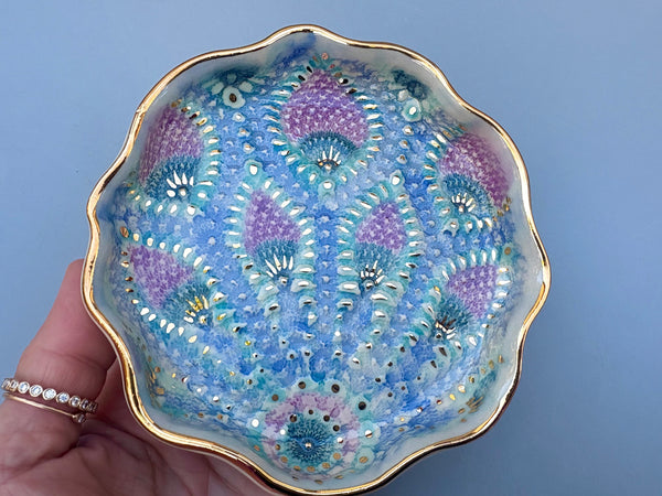 Sparkling Peacock Lace Jewelry Holder, Ceramic Dish with Gold Accents