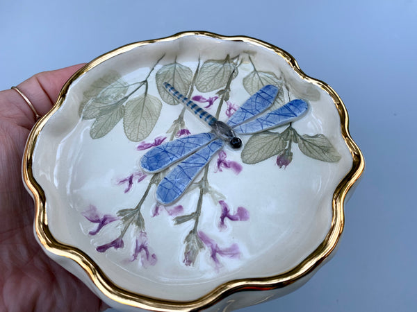 Dragonfly Jewelry Dish with Sage Flowers and Gold Accents