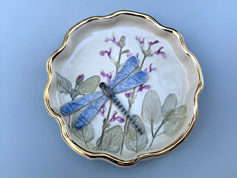 Dragonfly Jewelry Dish with Sage Flowers and Gold Accents