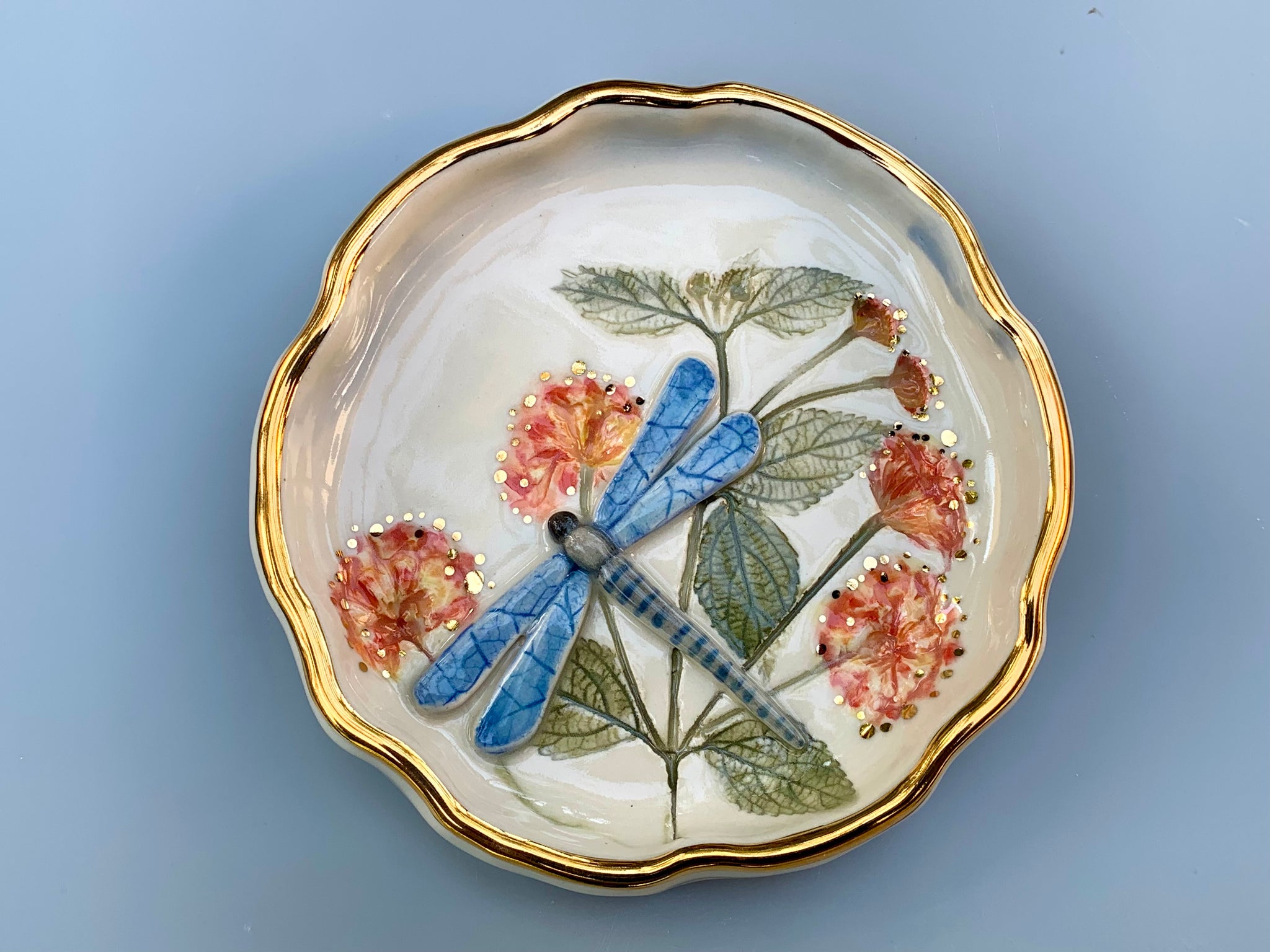 Dragonfly Jewelry Dish with Lantana Flowers and Gold Accents