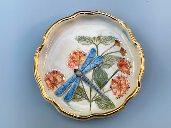 Dragonfly Jewelry Dish with Lantana Flowers and Gold Accents