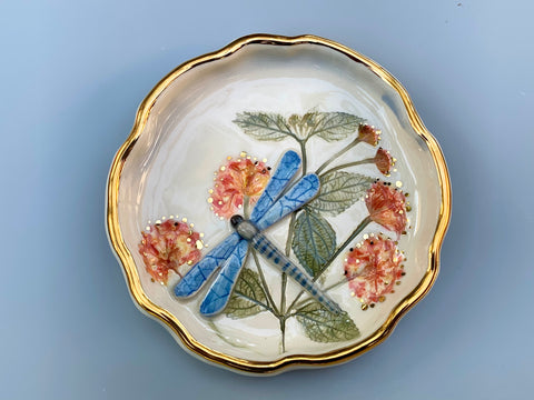 Dragonfly Jewelry Dish with Lantana Flowers and Gold Accents