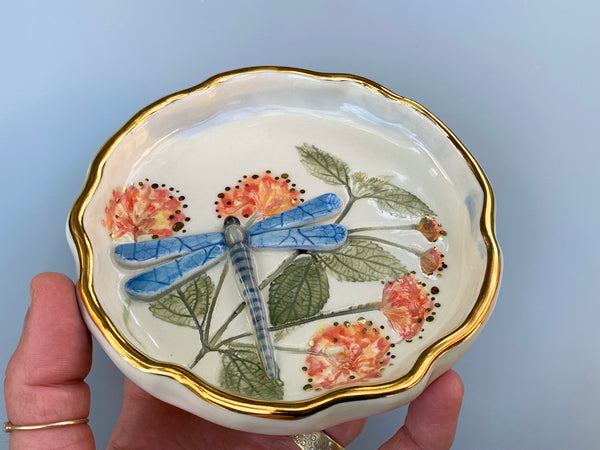 Dragonfly Jewelry Dish with Lantana Flowers and Gold Accents