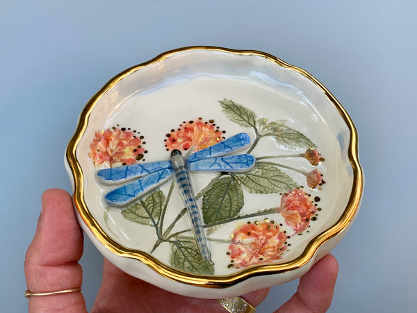Dragonfly Jewelry Dish with Lantana Flowers and Gold Accents