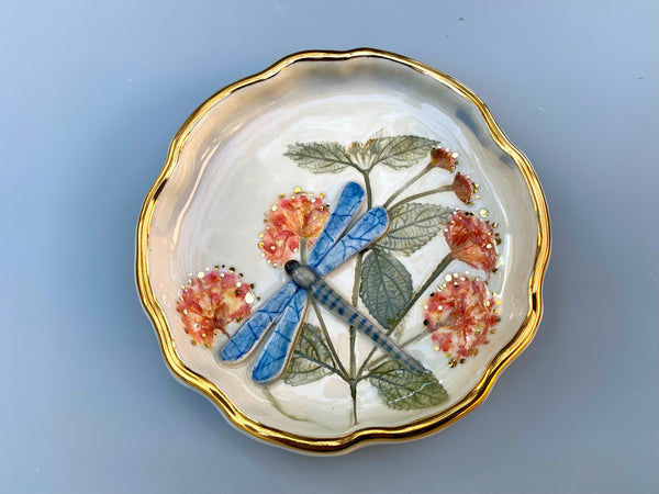 Dragonfly Jewelry Dish with Lantana Flowers and Gold Accents