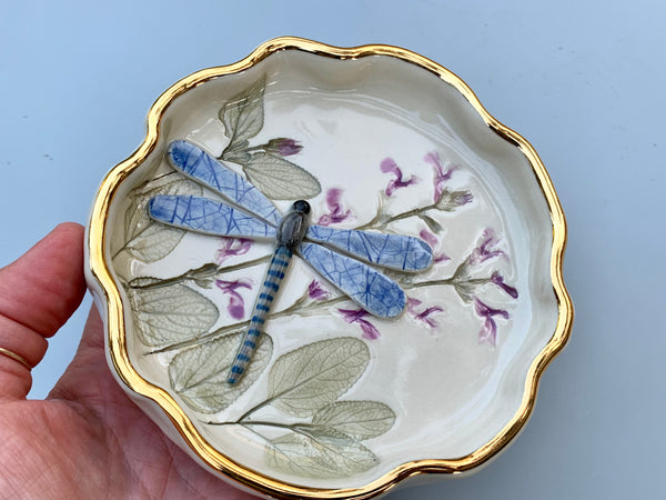 Dragonfly Jewelry Dish with Sage Flowers and Gold Accents