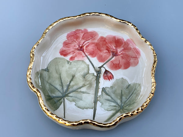 Geranium Jewelry Holder, Ceramic Dish with Flower Imprint