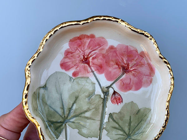 Geranium Jewelry Holder, Ceramic Dish with Flower Imprint