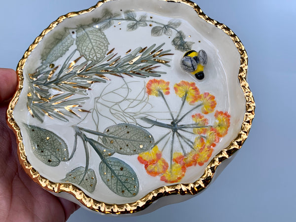 Bumble Bee and Herb Garden Jewelry Holder, Ceramic Dish with Gold Accents