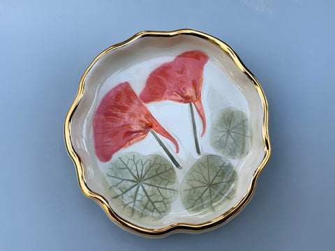 Orange Nasturtium Jewelry Holder, Ceramic Dish with Flower Imprint