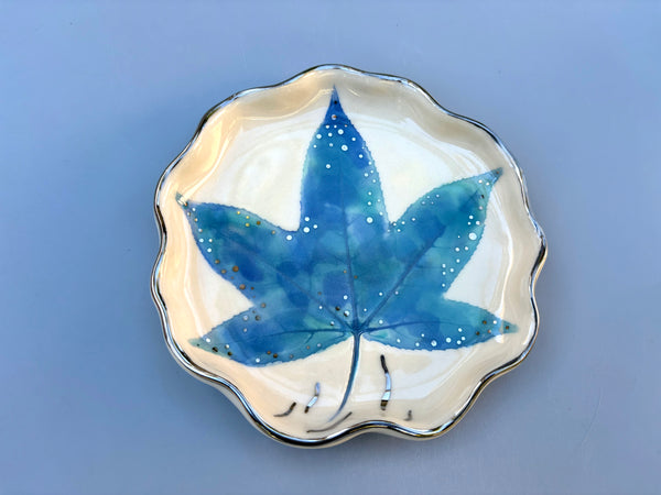 Frozen Winter Leaf Jewelry Dish, Icy Blue Leaf Ceramic with Silver Accent - Vuvu Ceramics