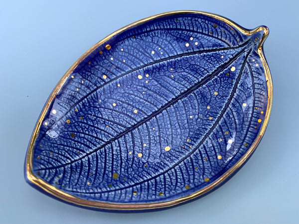 Large Blue Ceramic "Princess Flower" Leaf Dish with Gold Accents - Vuvu Ceramics