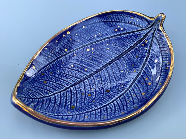 Large Blue Ceramic "Princess Flower" Leaf Dish with Gold Accents - Vuvu Ceramics