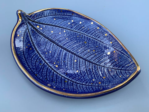 Large Blue Ceramic "Princess Flower" Leaf Dish with Gold Accents - Vuvu Ceramics