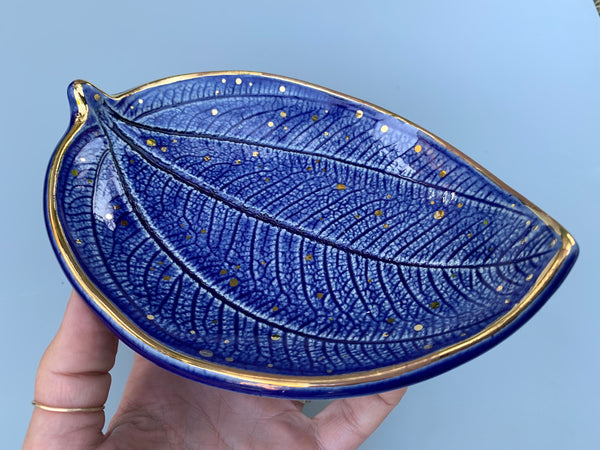 Large Blue Ceramic "Princess Flower" Leaf Dish with Gold Accents - Vuvu Ceramics