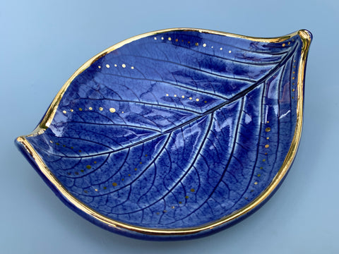 Large Blue Hydrangea Leaf Dish with Gold Accents