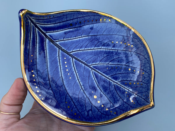 Large Blue Hydrangea Leaf Dish with Gold Accents