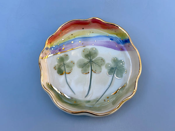 Shamrocks and Rainbows Jewelry Holder, Ceramic Dish with Gold Accents - Vuvu Ceramics