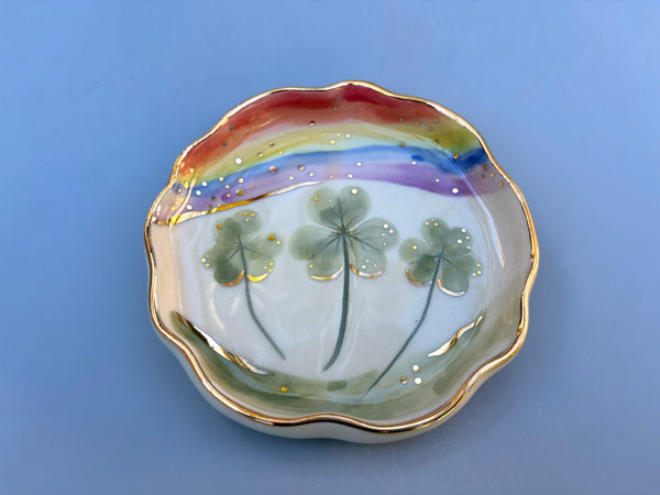 Shamrocks and Rainbows Jewelry Holder, Ceramic Dish with Gold Accents - Vuvu Ceramics