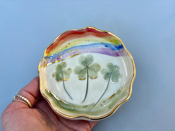 Shamrocks and Rainbows Jewelry Holder, Ceramic Dish with Gold Accents - Vuvu Ceramics