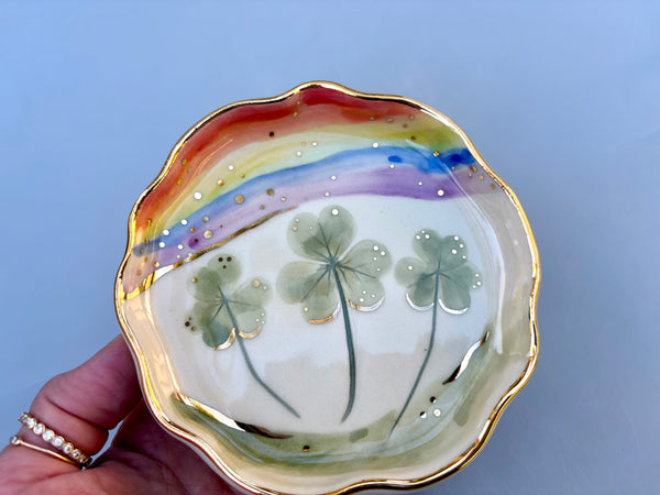 Shamrocks and Rainbows Jewelry Holder, Ceramic Dish with Gold Accents - Vuvu Ceramics