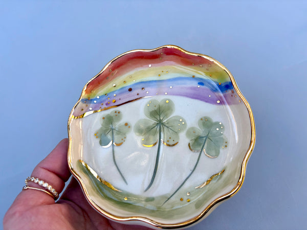 Shamrocks and Rainbows Jewelry Holder, Ceramic Dish with Gold Accents - Vuvu Ceramics
