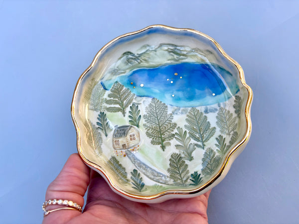 Our Cozy Woodland Cabin and Mountain Lake, Ceramic Dish with Real Gold - Vuvu Ceramics
