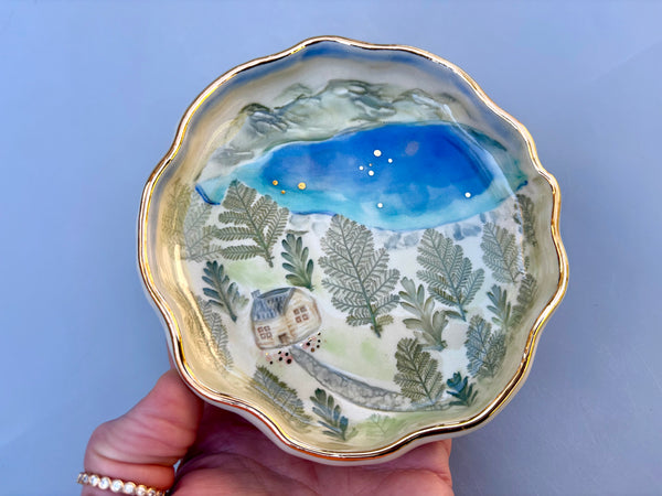 Our Cozy Woodland Cabin and Mountain Lake, Ceramic Dish with Real Gold - Vuvu Ceramics