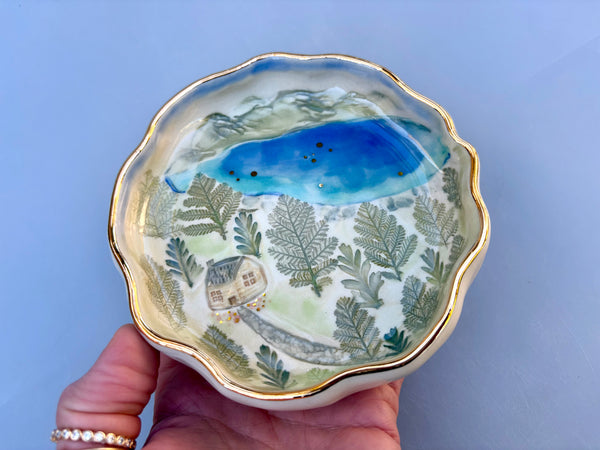 Our Cozy Woodland Cabin and Mountain Lake, Ceramic Dish with Real Gold - Vuvu Ceramics