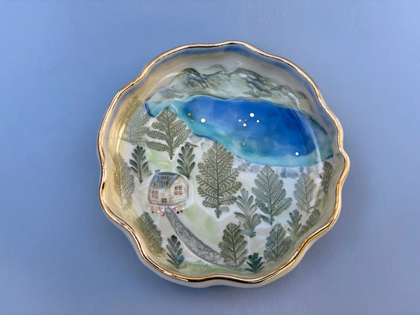 Our Cozy Woodland Cabin and Mountain Lake, Ceramic Dish with Real Gold - Vuvu Ceramics