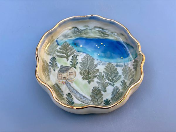 Our Cozy Woodland Cabin and Mountain Lake, Ceramic Dish with Real Gold - Vuvu Ceramics