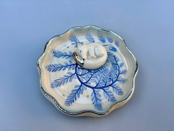 Arctic Fox Among the Ferns Jewelry Holder, Ceramic Dish with Silver Accents - Vuvu Ceramics