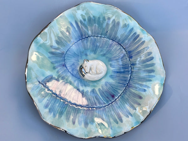 Extra Large Arctic Fox with Spiral Fern Leaf Jewelry Dish, Ceramic with Gold Accent - Vuvu Ceramics