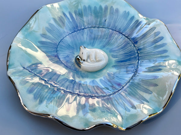 Extra Large Arctic Fox with Spiral Fern Leaf Jewelry Dish, Ceramic with Gold Accent - Vuvu Ceramics