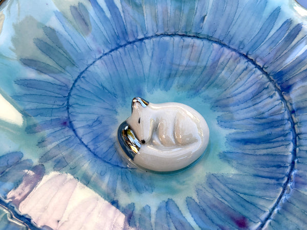 Extra Large Arctic Fox with Spiral Fern Leaf Jewelry Dish, Ceramic with Gold Accent - Vuvu Ceramics