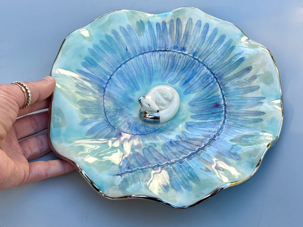 Extra Large Arctic Fox with Spiral Fern Leaf Jewelry Dish, Ceramic with Gold Accent - Vuvu Ceramics