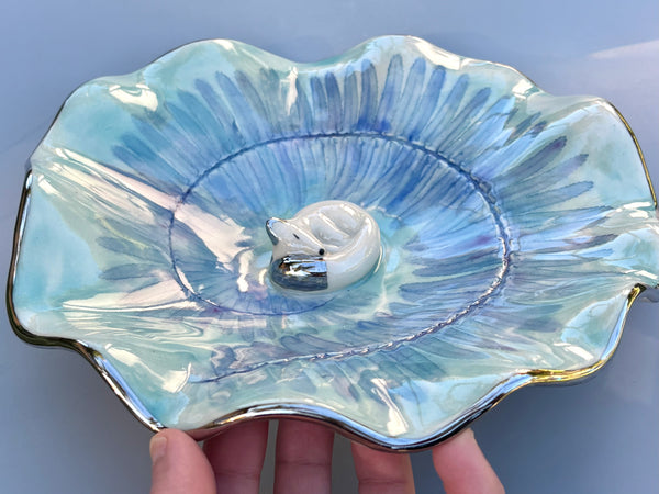 Extra Large Arctic Fox with Spiral Fern Leaf Jewelry Dish, Ceramic with Gold Accent - Vuvu Ceramics