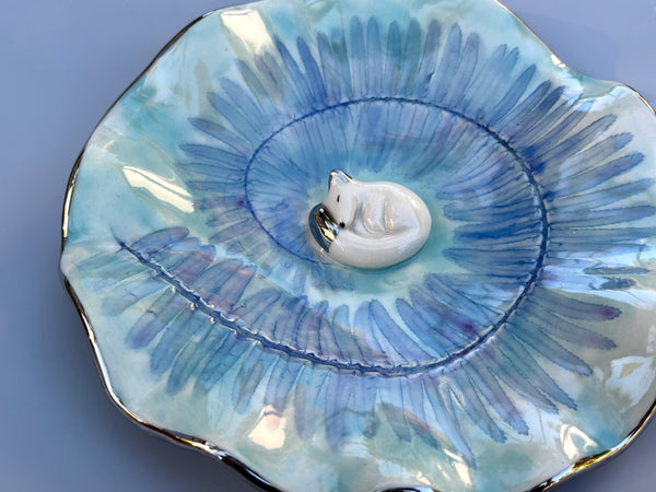 Extra Large Arctic Fox with Spiral Fern Leaf Jewelry Dish, Ceramic with Gold Accent - Vuvu Ceramics
