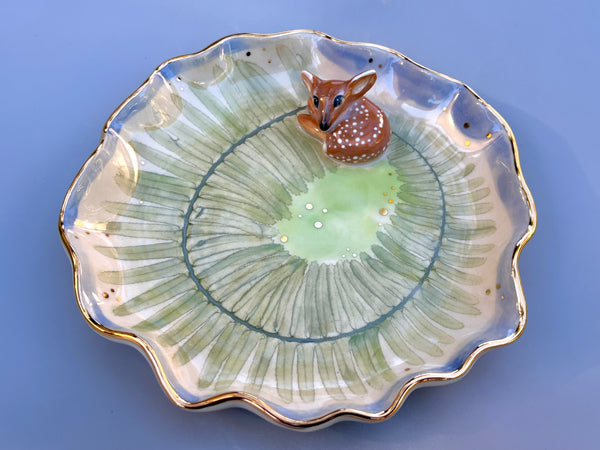 Large Sleeping Fawn Jewelry Holder, Ceramic Dish with Gold Accent - Vuvu Ceramics