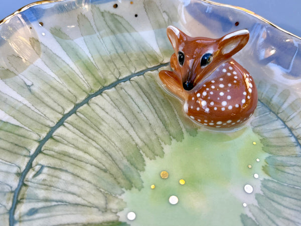 Large Sleeping Fawn Jewelry Holder, Ceramic Dish with Gold Accent - Vuvu Ceramics