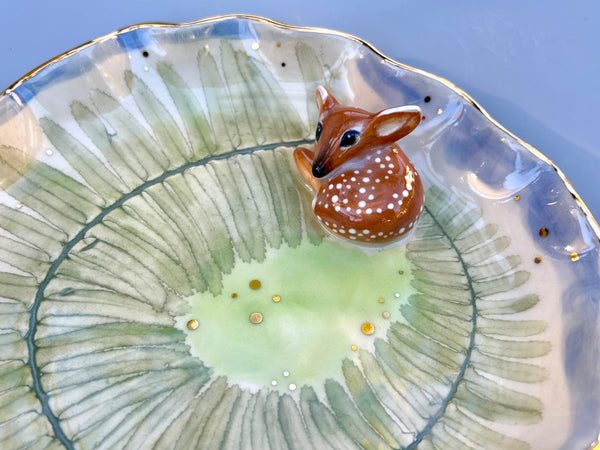 Large Sleeping Fawn Jewelry Holder, Ceramic Dish with Gold Accent - Vuvu Ceramics