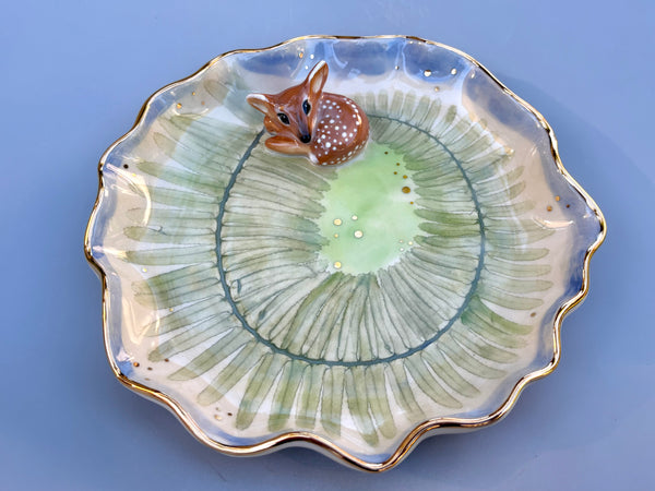 Large Sleeping Fawn Jewelry Holder, Ceramic Dish with Gold Accent - Vuvu Ceramics