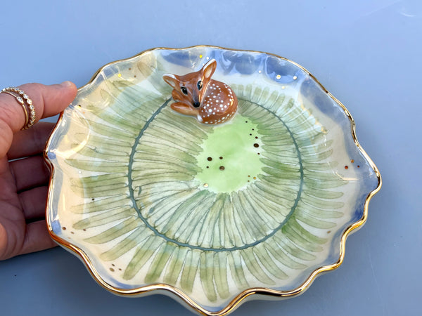 Large Sleeping Fawn Jewelry Holder, Ceramic Dish with Gold Accent - Vuvu Ceramics