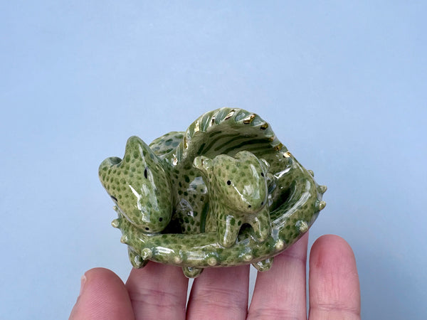 Dragon with a real Treasure (Mama with Baby), Figurine Ceramic Sculpture with 22kt gold - Vuvu Ceramics