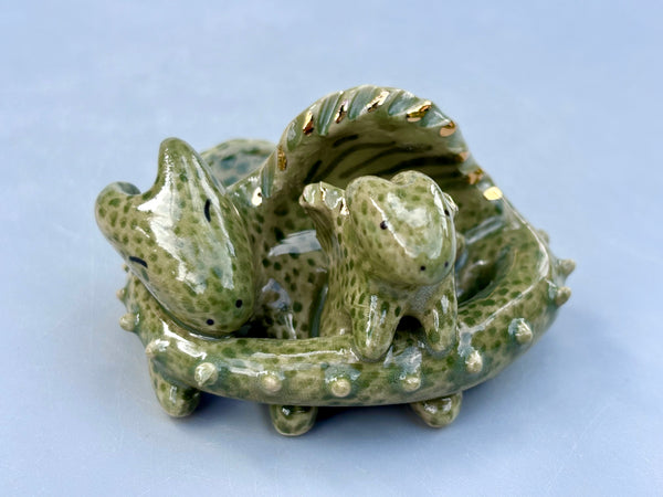 Dragon with a real Treasure (Mama with Baby), Figurine Ceramic Sculpture with 22kt gold - Vuvu Ceramics