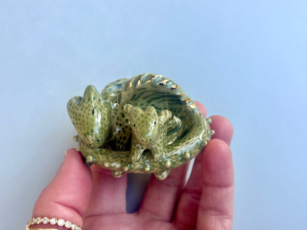 Dragon with a real Treasure (Mama with Baby), Figurine Ceramic Sculpture with 22kt gold - Vuvu Ceramics