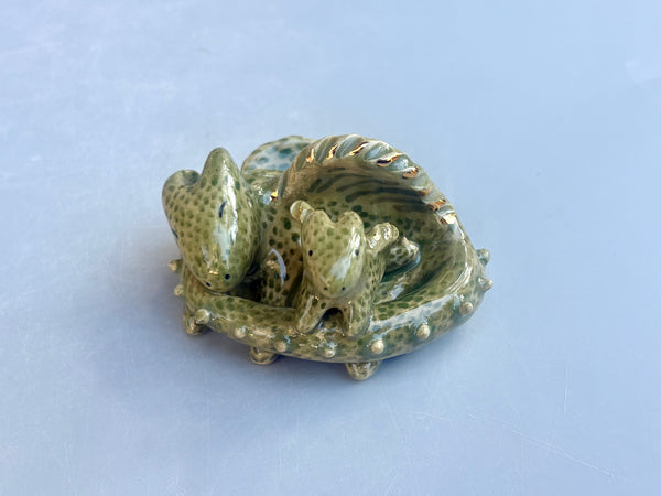 Dragon with a real Treasure (Mama with Baby), Figurine Ceramic Sculpture with 22kt gold - Vuvu Ceramics