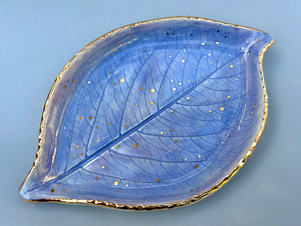 Large Periwinkle-Blue Hydrangea Leaf Jewelry Holder, Ceramic Dish with Gold Accents - Vuvu Ceramics