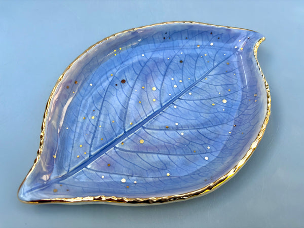 Large Periwinkle-Blue Hydrangea Leaf Jewelry Holder, Ceramic Dish with Gold Accents - Vuvu Ceramics